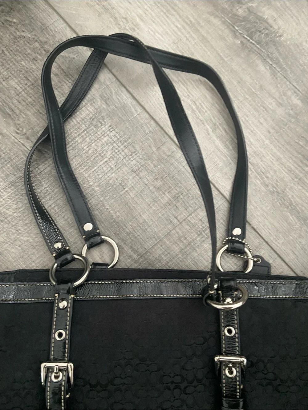 Coach Black Signature Canvas Shoulder Tote with Ring-Detail Straps